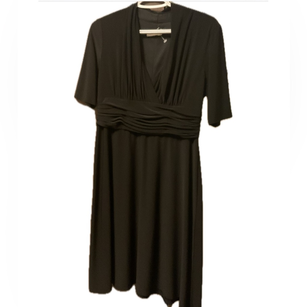 Laura Petite Elegant Black Pull on short sleeve Dress with ruching Waist band.